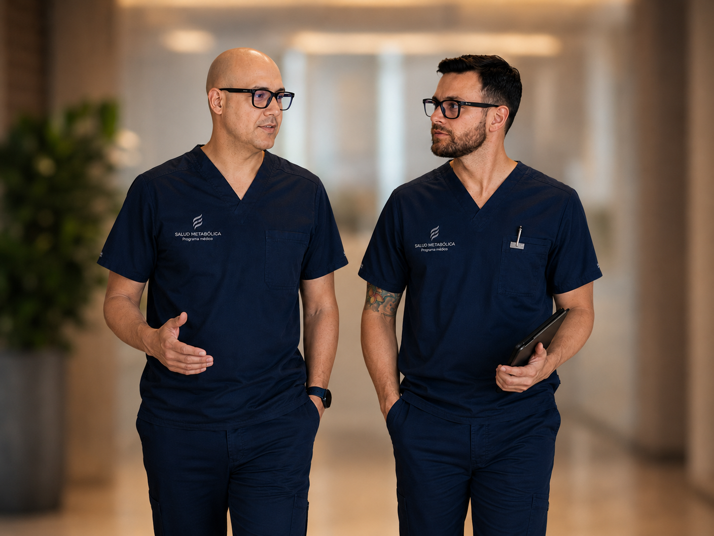 Dr. Daniel Vindas y Dr. Diego Calvo conversando en un entorno clínico