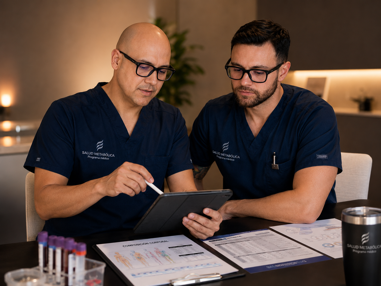 Dos médicos revisando información clínica y metabólica en consulta